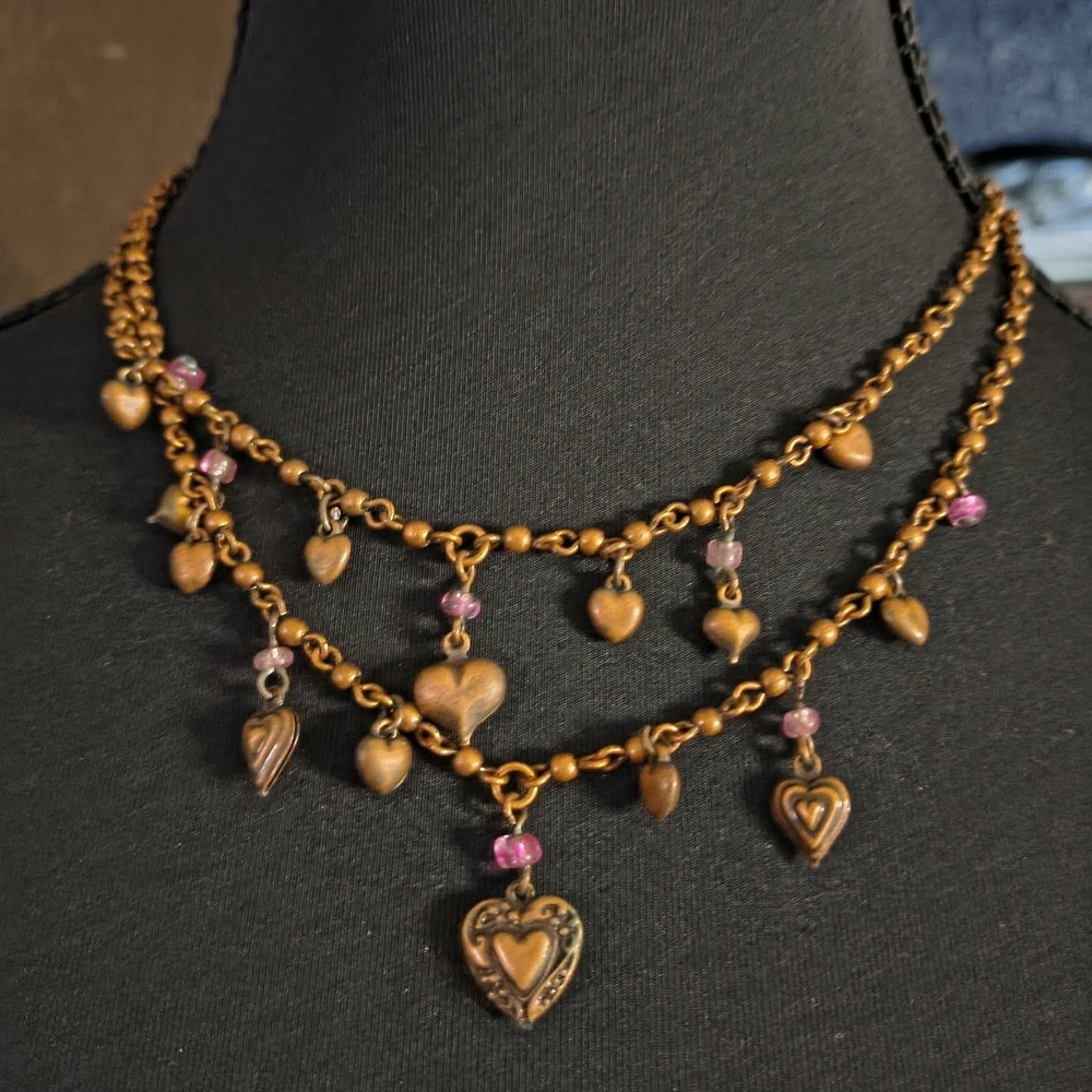 Vintage-Inspired Gold Heart Charm Necklace with Pink Accents